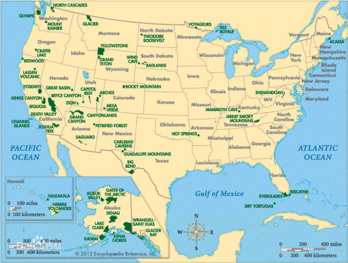 找了半天没找到最新的美国国家公园分布图,发一个之前的吧.图片